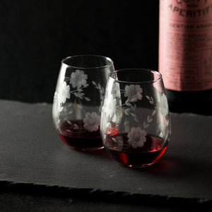 Hand Engraved Floral Stemless Wine Glasses